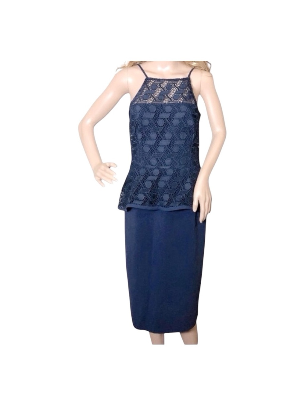 BLACK HALO. Women’s Navy Blue Lace Peplum Spaghetti Straps Midi Dress 12